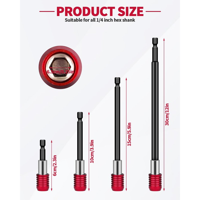 4 Pcs Red Drill Bit Extension Set, 1/4 Inch Magnetic