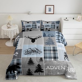 Cabin Comforter Set Bear Deer Rustic Lodge Bedding Set King Size For Kids Teens Adult, Camper Wild Animal Quilt Plaid Check Adventure Farmhouse Down Comforter Country Cowboy Hunting Decor, Blue Gtey