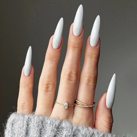 MISUD Press on Nails - Long Stiletto Glue on Nails with White, Acrylic Solid Color Design 24 pcs