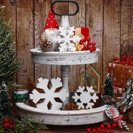 3 Pcs Winter Wooden Snowflake Decor Winter Snowflake Table Signs Wonderland Snowflake Wood Blocks Farmhouse Christmas Tiered Tray Decorations for Xmas Country Table Shelf (White)