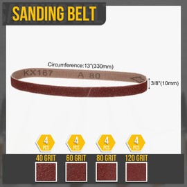 CoCud 3/8 x 13 Inch Sanding Belt, 16 Pcs 40/60/80/120 Grit Knife Sharpener Belts Work Sharpening for Belt Sander Knife Carving Tool Metal Working
