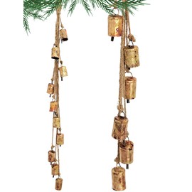 Carfar Shabby Chic Vintage Country Rustic Style Bells Cluster Hanging Handmade Metal Harmony Christmas Hanging Cow Bells on Jute Rope (1, Small Cylinder)