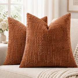 Chenille Throw Pillow Covers 18x18 Inch Orange, Set of 2 Soft Decorative Couch Sofa Pillow Cases, Durable Accent Cushion Covers for Living Room, Bedroom, Farmhouse & Modern Home Decor