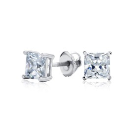 Black or Clear Brilliant Cut Square Princess Solitaire Aaa CZ Stud Earrings for Men Women Safe Screw Back Black Plated 925 Sterling Silver 5 6 7 8 9 mm, Metal, Cubic Zirconia