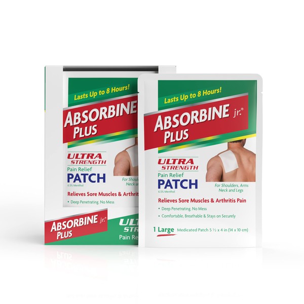 ABSORBINE JR. Ultra Strength Pain Relief Patches with Menthol, Pain Relief for Shoulder, Joint, Hip, Neck and Back Pain, 18 Count, White