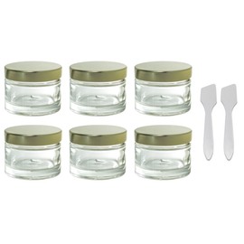 Clear Glass 1 oz 30 ml Heavy Wall Balm Jars with Gold Metal Foam Lined Lids (6 Pack) + Spatulas