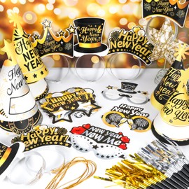 DPKOW New Year's Eve Party Supplies 2025, Black Gold New Year Party Hats Glasses Happy New Year Headband Fringed Noise Makers