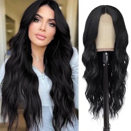 Peluca Ondulada Negra Larga Lace Front para Mujer Peluca Ondulada Rizada de Parte Media de 26 Pulgadas Peluca de Fibra Sintética Resistente al Calor d
