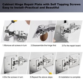 6 PCS Cabinet Hinge Repair Plate, Hinges Repair Fixing Plates, Stainless Steel Cabinet Repair Board, Kitchen Cupboard Door Hinge Repair Brackets Kit, Cabinet Fixing Plate Bracket with Mounting Screw