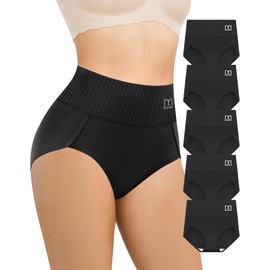 MEIYATING Women's Cotton Underwear High Waisted Tummy Control Panties for Women Ladies 5 Packs Postpartum (Black,L)
