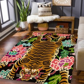 ALUXELOOM Soft Vintage Tibetan Tiger Area Rug, Animal Printed Area Rug, Colorful Moroccan Rug, Machine Washable Carpet with Nonslip Backing for Bedroom, Bathroom, Living, Dining Room, Funky Carpet