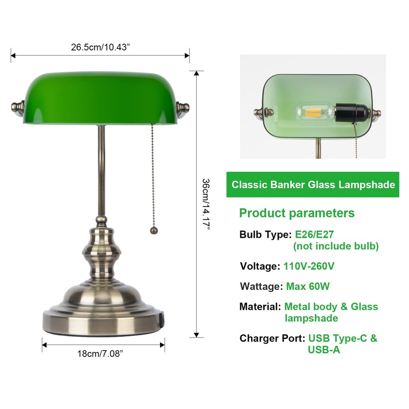 JCPYIUL Green Bankers Lamp with Pull Switch, Retro Desk Lamp