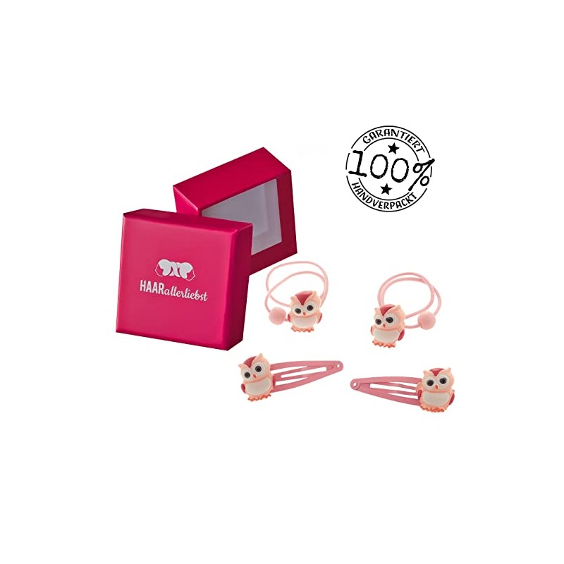 HAARallerliebst Hair Accessories Set (4 Pieces | Owls | Pink)