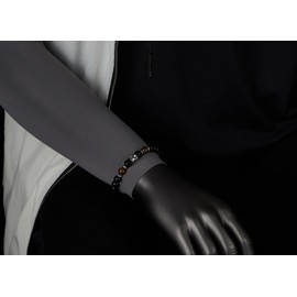 COOLSTEELANDBEYOND Mens Black Beads Bracelet with Tiger Eye Accents and Silver Metal Centerpiece, Stretchable, Length 6.69-7.87", Width 0.31", Synthetic Black Onyx and Tigereye Stone, no gemstone