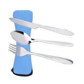 Prettyui Besteck-Set aus Edelstahl mit Organizer-Tasche, Reise-Camping-Besteck, Geschirr-Set mit Aufbewahrungsbox, Lunchbox für Picknick, Schule, Messer, Gabel, Löffel, Set, blauer Koffer (3 Stück)