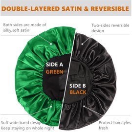 Silk Bonnet for Sleeping,Bonnet for Men and Women,Double Layer Satin Bonnet for Curly Hair Braids,Reversible Sleep Bonnet (Large,Black/Green)