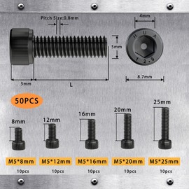 Cicidorai Tornillos de cabeza hexagonal M5 x 8 mm, 12 mm, 16 mm, 20 mm, 25 mm, acero de aleación de grado 12.9, totalmente roscado, acabado de óxido negro, llave Allen, kit surtido de 50 unidades