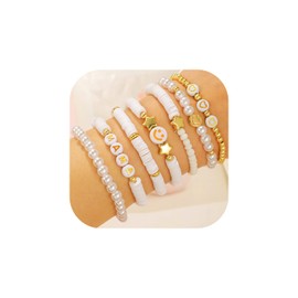 Behrooci Friendship Bracelets Boho Stackable Bracelets for Women Surfer Heishi Clay Bead Bracelets Stretch Preppy Bracelets Colorful Boho Bracelets for Women (6pcs White MAMA)