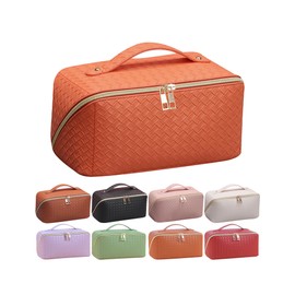 Large Capacity Travel Cosmetic Bag for Women,Portable Makeup Bag,Open Flat Toiletry Bag,Toiletry Make Up Brush Storage Bag,Waterproof Leathe,with Handle (B-Orange)