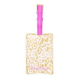 Lilly Pulitzer Leatherette Luggage Tag with Secure Strap, Colorful Suitcase Identifier for Travel, Pattern Play (Gold)