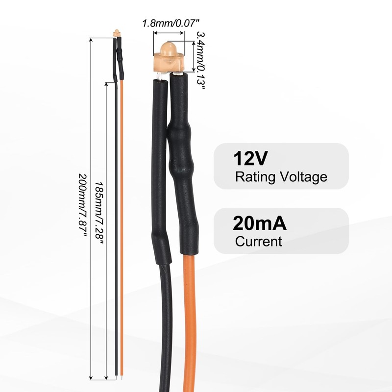 uxcell 50pcs 1.8mm LED Diode Lights, Orange Light DC 12V