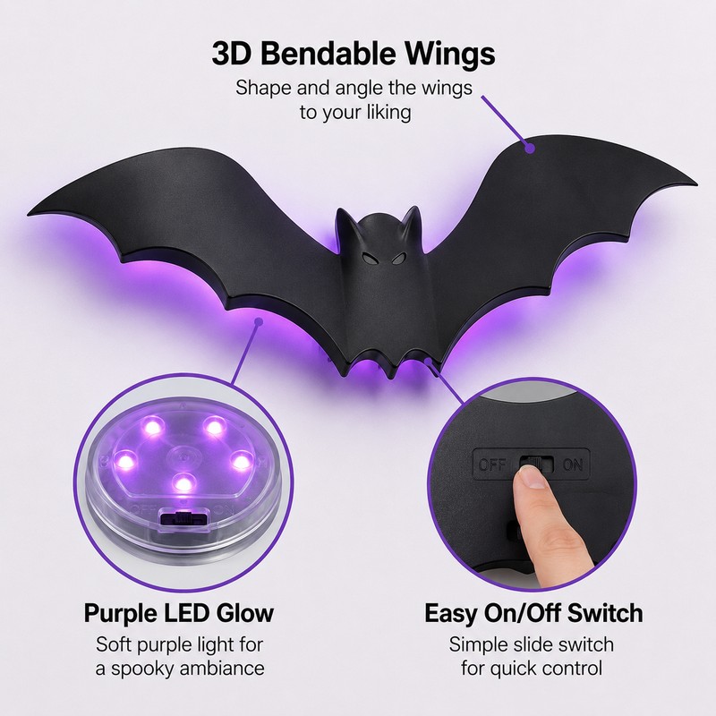 36-Piece LED 3D Halloween Bat Wall Decorations – Light-Up Flying