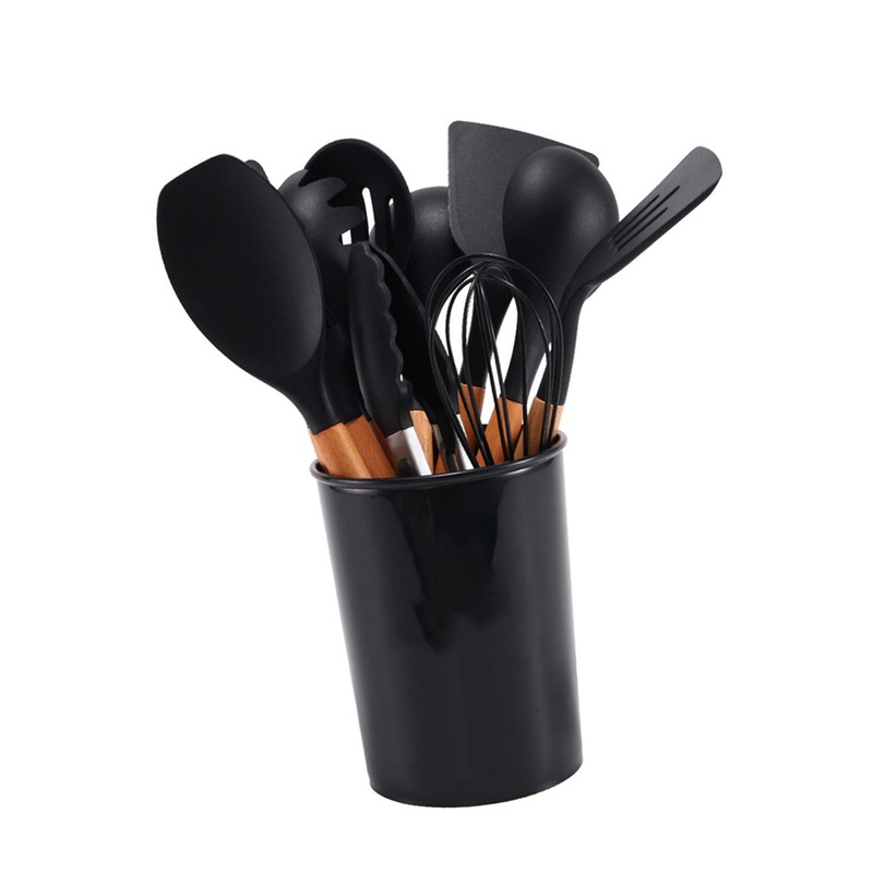 11 Pcs Silicone Kitchenware Set Heat Resistance Wooden Handle Kitchen