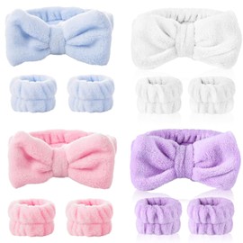Pack of 4 Wrist Wash Bands, Spa Bowknot Hair Bands, Women's Face Wash Bracelets, Hair Band, Coral Fleece Makeup Hair Bands (Blue, Pink, Purple, White)