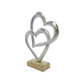 Metal Figurine Two Hearts on Wooden Base 15 x 20 cm Decorative Table Decoration Metal Heart Sculpture