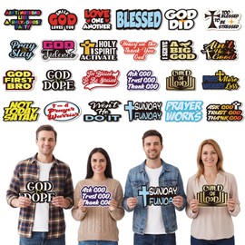 Beeveer 24 Pcs Christian Party Photo Booth Props Kit Religious Board Signs Bulk God Bless Cross Sign for Church Events Faith Celebrations Spiritual Party Photo Props