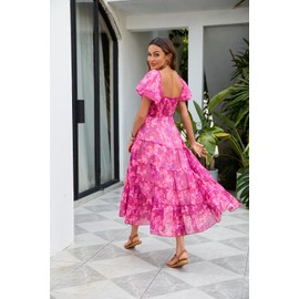 ABYOVRT Women Floral Maxi Dress Short Puff Sleeve V Neck Bohemian Flowy Dress Smocked Casual Spring Summer Dresses (Purple,S)