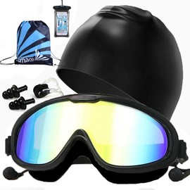 AKASENKO - Anteojos de Natación,Kit de Natación 6 en 1,gafas de natación para adultos,Resistente al Agua, Sin Fugas, Antiniebla, Protección UV, Cómodo para adultos hombres mujeres adolescentes (negro)