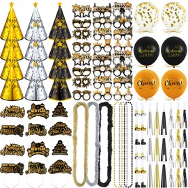 VioraWhite 160 Pieces New Years Eve Party Supplies 2025 Black Gold Silver Happy New Year Headband Tiara Cone Hats Paper Glasses New Years Party Decor Set for New Year Party Favors Accessories