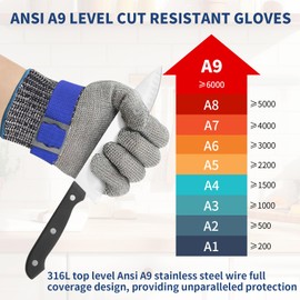 A9 Cut Resistant Gloves, Stainless Steel Metal Mesh Cut Glove for Oyster Shucking Butcher Mandolin Whittling Meat Fish Cutting Wood Carving Knife Proof L