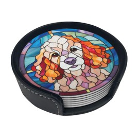 Drink Coaster Set of 6, Poodle Dog Mom Lover Gift,Leather Drink Coasters with Holder,6 Pack Cup/Bar/Drink Coasters for Table/Drinks/Coffee Protection Housewarming Gift