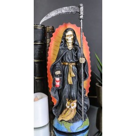 Ebros Gift Santa Muerte Holy Bone Mother Skeleton with Scythe Hourglass and Owl in Black Tunic Robe Figurine Dark Angel of Protection and Power Grim Reaper Decorative Sculpture