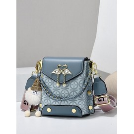 Fashionable Geometric Pattern Pu Leather Crossbody Bag As Gifts, 2025 New Versatile Shoulder Bags 2025 for Women, Trendy All-match Bag Charm Chain Flap Affordable Luxury Bag:_Dusty Blue_one-size