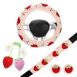 Crochet Steering Wheel Cover Set Women 14-15in, Handmade Granny Square Seat Belt Covers, Boho Strawberry Car Accessories Fit Vehicles, Sedans, SUVs, Vans CSWCS (Wheel Cover Suit + Strawberry Hanging)