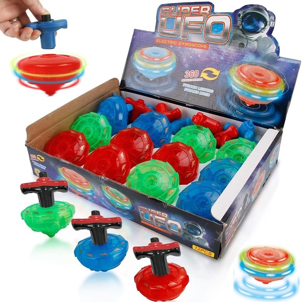 12-Pack LED Light Up Flashing UFO Spinning Tops with Gyroscope