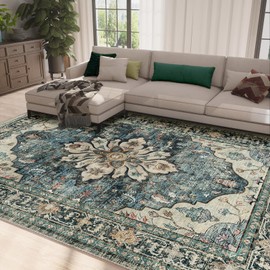 RELEANY 8x10 Area Rugs 8x10, Washable Rug, Non-Slip, Rugs for Living Room, Kitchen Rugs, Rugs for Bedroom Entryway Rug, Vintage Rugs Boho Floral Medallion, Low Pile, Soft, Blue Navy Beige Gray