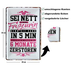 schilderkreis24 Tin Sign Funny Saying "Sei nett zu deiner Friseurin" Decorative Metal Sign Entrance Hairdresser Gift Birthday Christmas Hairdressing Salon Barber Shop 20 x 30 cm