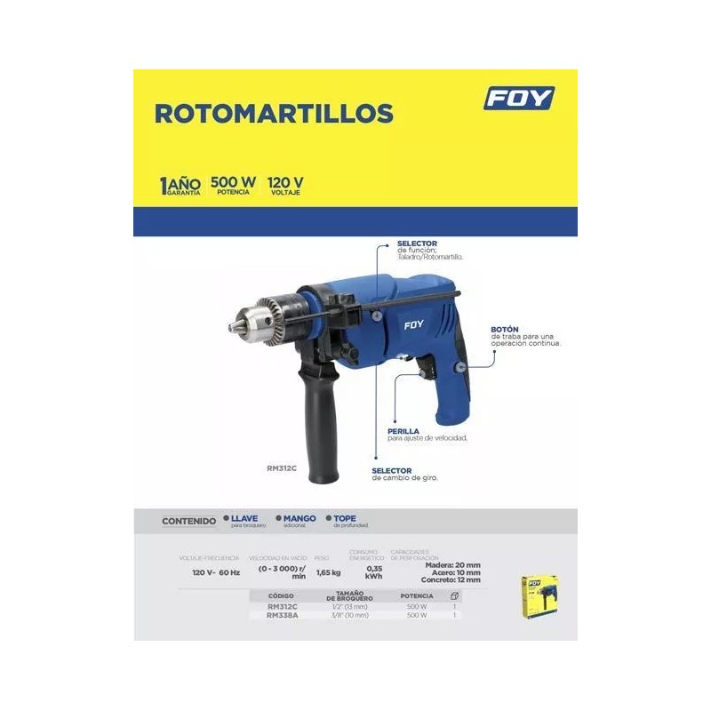 FOY Taladro Rotomartillo Broquero 3/8 500w Velocidad Variable Color Azul