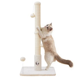 Woochpet Cat Scratching Posts 33" for Adults Cats, Cat Scratcher with Soft Fabric Covering Base and Durable Sisal Rope, Scratcher with Fun Mouse Hole and Cat Toy for Tall Cats (White)