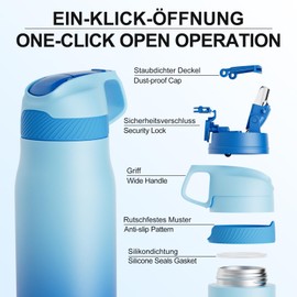 Fjbottle Stainless Steel Sports Water Bottle with Straw 550 ml / 710 ml - One-Click Opening Children's Water Bottle BPA Free for School/Fitness/Yoga