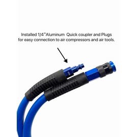 SYXQT Hybrid Air Hose 3/8-Inch x 25FT，Air Compressor Hose 300 PSI Heavy Duty, Lightweight, Kink Resistant, All-Weather Flexibility with 1/4-Inch Industrial Air Fittings and Bend Restrictors,Dark Blue