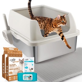 ALL FOR PAWS Stainless Steel Enclosed Cat Litter Box, High-Sided Pan, Easy to Clean，Free 2 Packs of 5.5 lb Coffee cat Litter, 1 Pack of 50 Wet Wipes, 1 Pack of Glove Wipes（Sand）