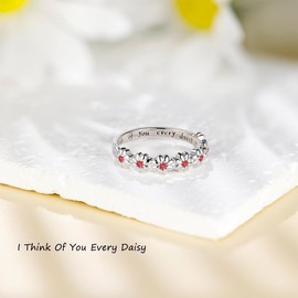LEXLUNE Dainty Daisy Ring for Women, S925 Sterling Silver Cubic Zirconia Sunflower Flower Ring For Daughter, I Think Of You Every Daisy Ring,January Birthstone Garnet Size 5