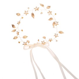 Thinslimer Gold Leaf Headband Wedding Bridal Boho Hair Piece,Circlet Headpiece Birthday Sparkly Head Jewelry Dainty Hair Accessories for Women and Girls (with Ribbon)