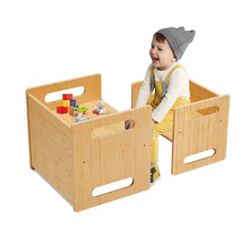 HOMMOW Montessori Table and Chair Set,Bamboo Wood Weaning Table and Chair Set,Adjustable Height Kids Montessori Furniture for Reading,Dining,Playing(Big Size)