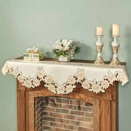 Winter Poinsettia Luxury Holiday Mantel Scarf | Elegant Ivory Polyester Satin | Handcrafted Cutwork Poinsettia Flowers with Embroidery | Decorates Your Fireplace Mantle or Wall Shelf for Christmas